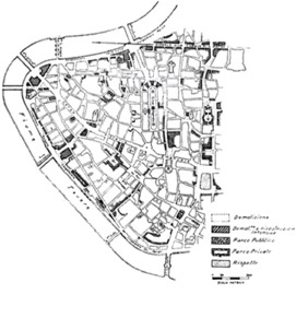 Figura 2. Plano
regulador de Roma, 1931. Plantea los sventramenti
que se est&aacute;n haciendo en la ciudad.