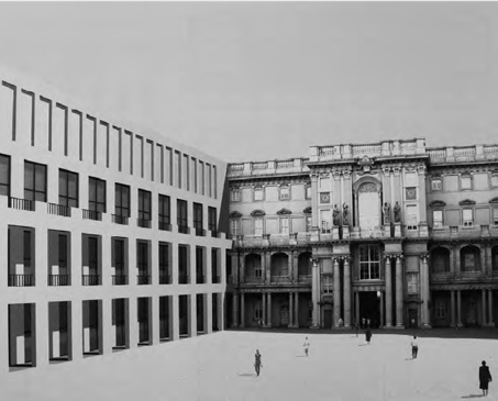 PROYECTO PARA EL HUMBOLDT FORUM Importar imagenDEL ARQUITECTO FRANCO STELLA Vista interior (render) del patio con la reconstrucci&oacute;n de parte de la fachada del Castillo Real (2008). 