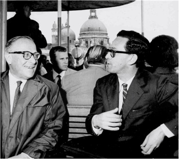 VENICE. MAY 1964. Roberto Pane and Roberto Di Stefano on the vaporetto on their way to the conference. In the background, Giuseppe Fiengo.