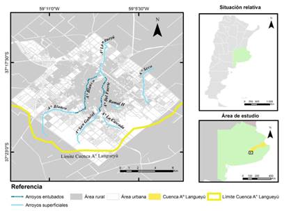 Mapa del &aacute;rea urbana de la ciudad de Tandil (Buenos Aires, Argentina) con los arroyos urbanos y el l&iacute;mite que marca el inicio de la cuenca del arroyo Languey&uacute;