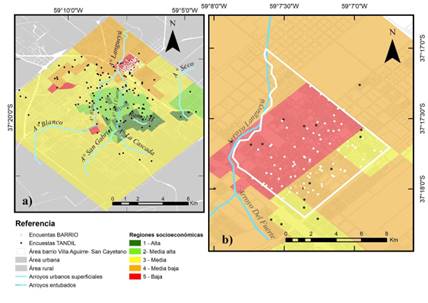 a) Mapa de la ciudad de Tandil, &aacute;rea donde se realizaron las encuestas &laquo;Tandil&raquo;; b) Mapa con el &aacute;rea donde se llevaron adelante las encuestas &laquo;Barrio&raquo;