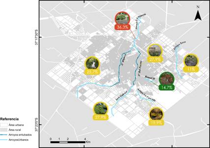 Mapa de la ciudad de Tandil con la localizaci&oacute;n de sus principales arroyos urbanos