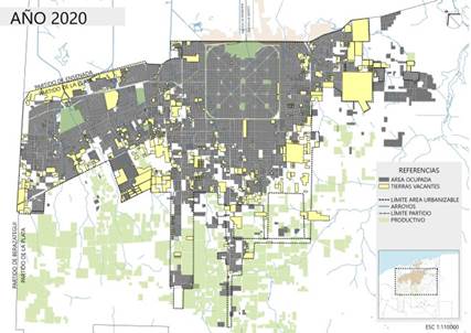 Tierras vacantes en área urbanizable, año 2020
