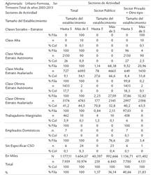 PEA por Sector de la Actividad y Tama&ntilde;o de Establecimiento, seg&uacute;n Clases Sociales. Base Aglomerado Urbano&ndash;Formosa 3er Trimestre, Total de A&ntilde;os 2003-2013. (N, n, %)