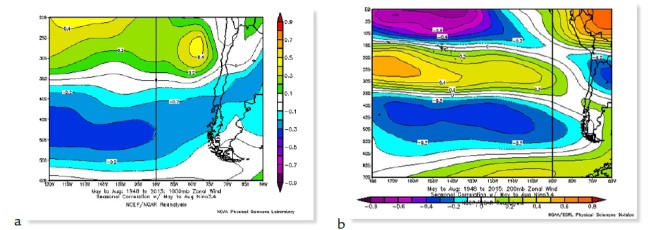 Isocorrelaciones entre el viento zonal en los 1000 mb (a) / 200 mb (b) y El Ni&ntilde;o 3+4 en el periodo mayo &ndash; agosto