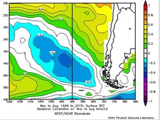 Isocorrelaciones entre la temperatura superficial del mar y El Ni&ntilde;o 3+4 en el periodo mayo&ndash;agosto