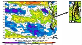 Isocorrelaciones entre el ratio de precipitaci&oacute;n en superficie y El Ni&ntilde;o 3+4 en el periodo mayo&ndash;agosto