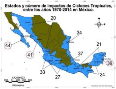 Impacto de ciclones tropicales en México 1970-2014 y las tres principales zonas de impacto (circunferencia roja)