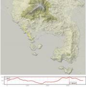 Perfil del terreno zona oeste en la costera de Acapulco, imagen raster 3D (línea amarilla de Sur a Norte) y perfil del terreno representado en metros (gráfica línea roja de izquierda a derecha)