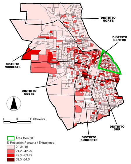 Rosario: Distribución de la población peruana con respecto a la población total de extranjeros por radio censal, 2010