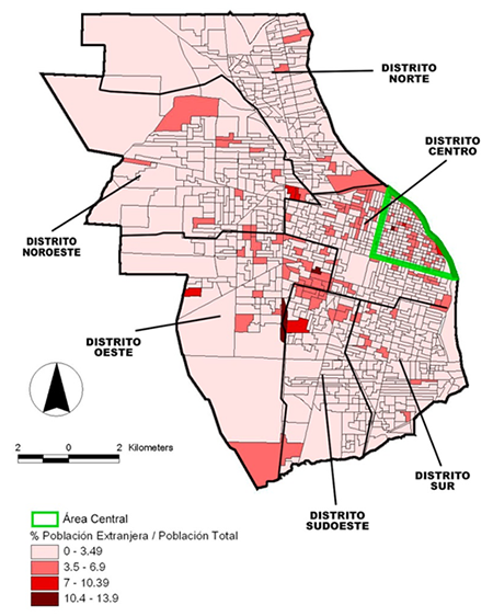  Rosario: Distribución de la población extranjera con respecto a la población total por radio censal, 2010