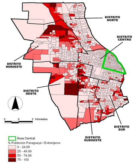 Rosario: Distribución de la población paraguaya con respecto a la población total de extranjeros por radio censal, 2010