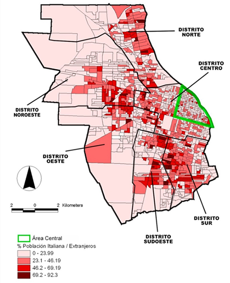 Rosario: Distribución de la población italiana con respecto a la población total de extranjeros por radio censal, 2010