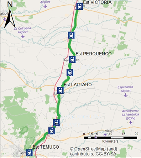 Figura 1. Ruta del ferrocarril de La Araucanía