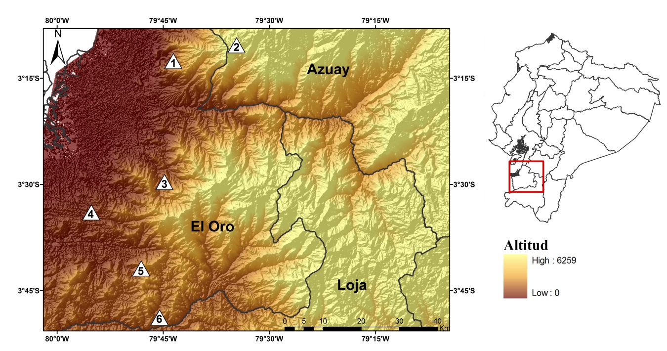 Mapa de localidades tipo de tres especies
nuevas de Pristimantis
en la provincia de El Oro: 1) Cascadas de Manuel, 2) La Enrramada,
3) Marcabelí, 4) Remolinos, 5) Ñalacapac,
6) Reserva Biológica Buenaventura.  