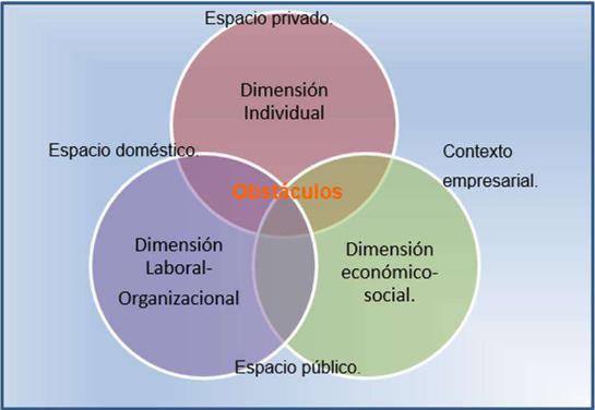 Modelo de las dimensiones que explica n los obst&aacute;culos a los que se enfrentan las mujeres que dirigen una MYPE en la Rep&uacute;blica Mexicana.