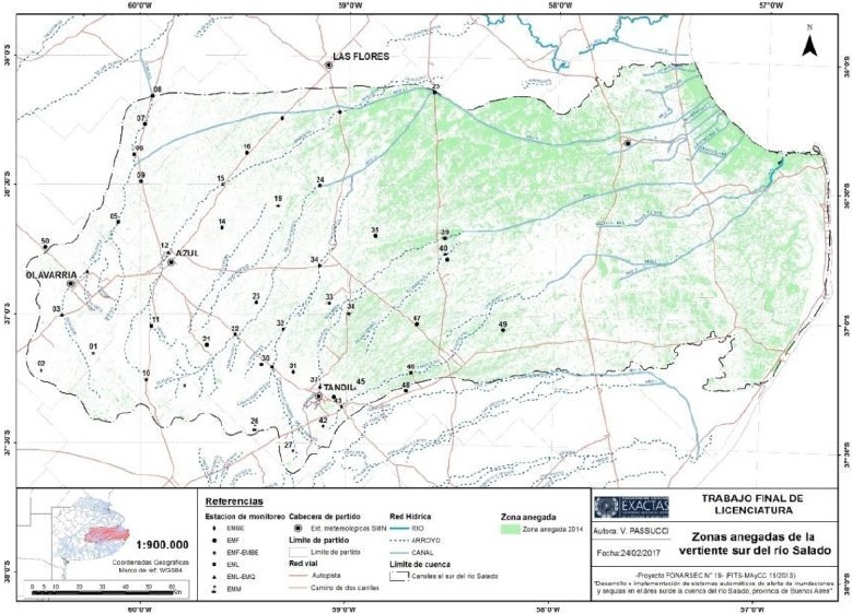 Mapa del
estado hídrico para el año 2014, cuenca del Río Salado. Ubicación de las
estaciones de monitoreo ambiental. Métodos utilizados para caracterizar zonas
anegadas: clasificación no supervisada (ISODATA) y análisis de la banda MIR .