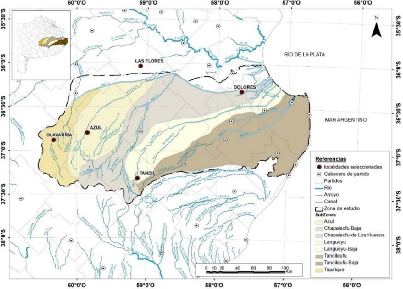 Vertiente sur de la cuenca del río Salado (área de estudio), límite de
cuenca, subcuencas y localidades seleccionadas.