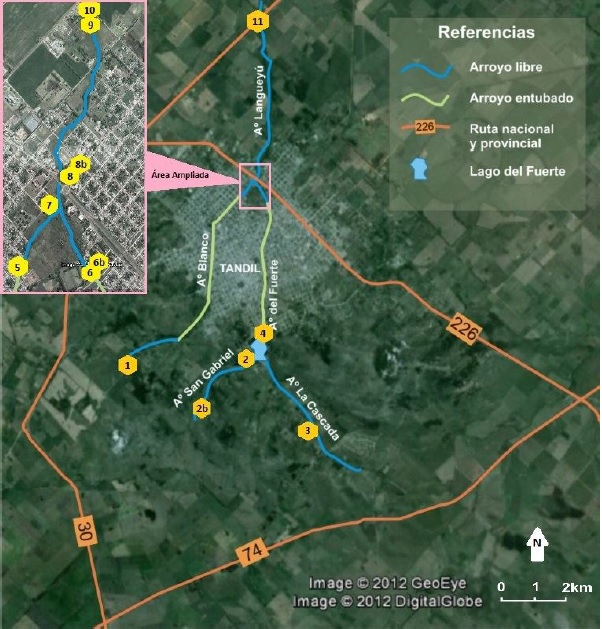 Cuenca alta arroyo Langueyú. Puntos de muestreos.