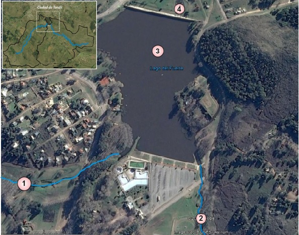 Lago del Fuerte Tandil. Puntos muestreo.