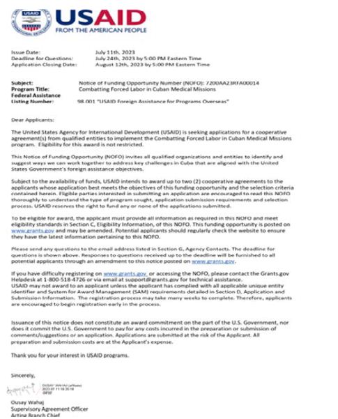 Convocatoria de la USAID con vista a la implementación de su programa: “Combatir el trabajo forzoso en las misiones médicas cubanas”.