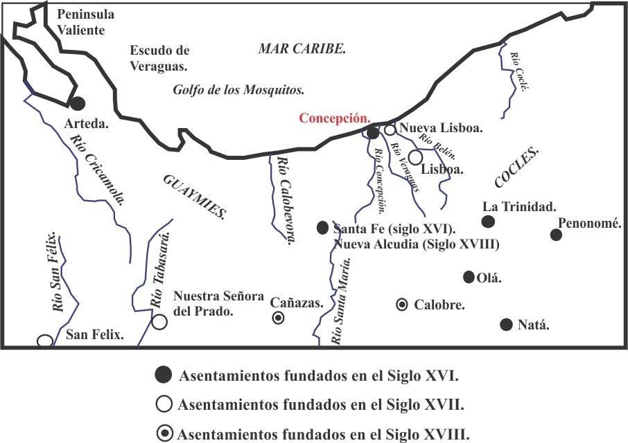 Mapa de poblados de la Época Colonial en Veraguas