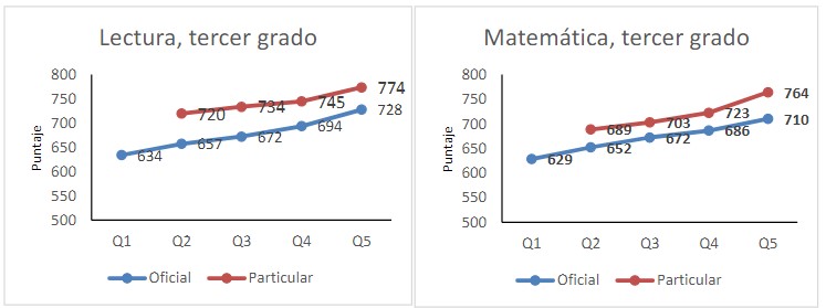 Puntajes promedio en Lectura y Matemática de estudiantes de tercer grado, según sector y quintil del índice de nivel
socioeconómico, en Panamá.