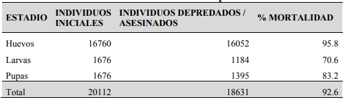 Mortalidad de G. mellonella como presa centinela en
caña de azúcar en Panamá.