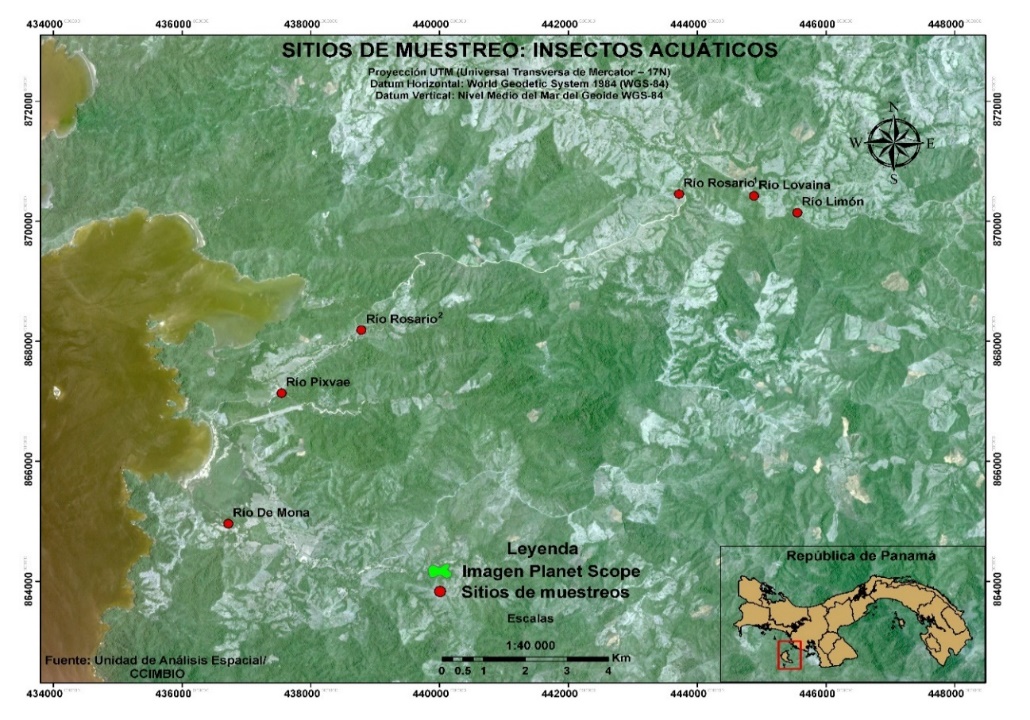 Ubicación en el área de
estudio de los tramos de los ríos Limón, Lovaina
y Rosario1, Rosario2, Pixvae y De Mona, corregimiento de
Pixvae, provincia de Veraguas.