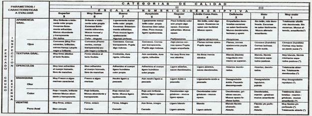 Sistema
de evaluación sensorial para pescado fresco. Tabla patrón de calificación según
estado de frescura. 