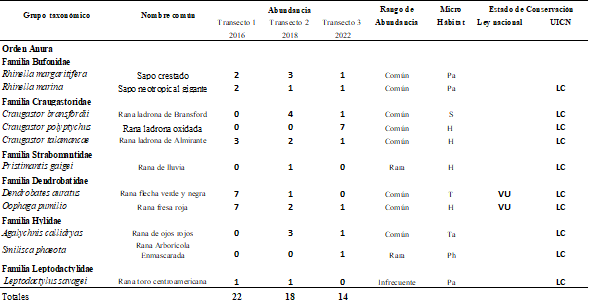 Listado
de las especies de anfibios del r&iacute;o Sira&iacute;n, Bosque
Muy H&uacute;medo Tropical, Kankint&uacute;, comarca Ng&auml;be Bugl&eacute;,
Bocas del Toro.