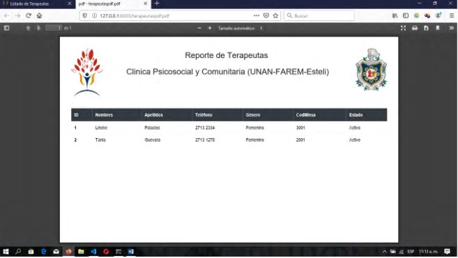 Reporte PDF de
Terapeutas