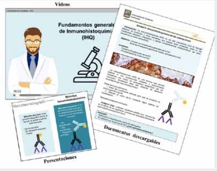Recursos diseñados ad hoc “Unidad II:
Inmunohistoquímica de coloraciones”, disponibles en el aula virtual de la
asignatura “Histotecnología III”