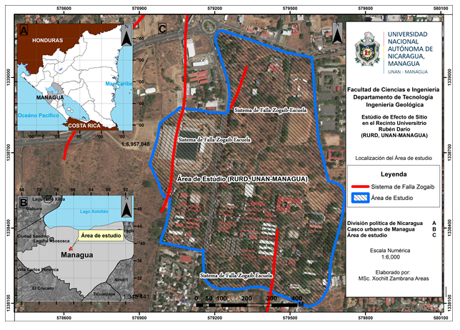 Localización del Recinto Universitario Rubén  Darío de la UNAN-Managua y sistema de Falla geológica Zogaib-Escuela (INETER, 2003)