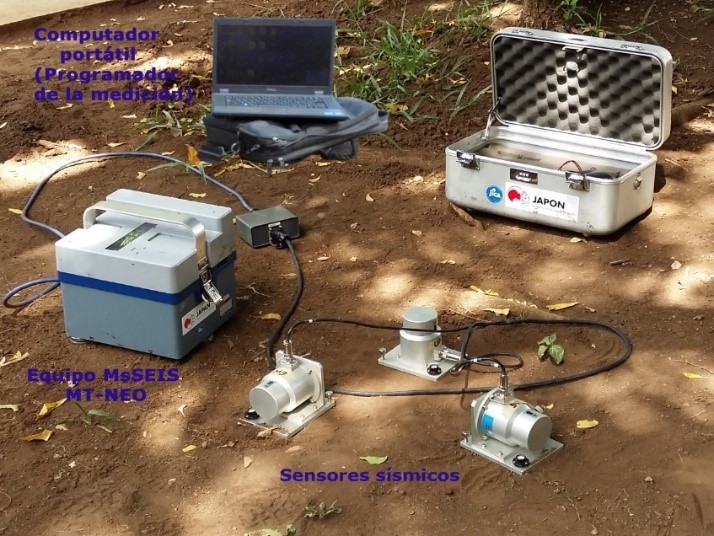 Equipo de Medición acelerómetro digital McSEIS-MT-NEO y sensores sísmicos empleados para registros de vibraciones del suelo en el área del Recinto Universitario Rubén Darío de la UNAN-Managua