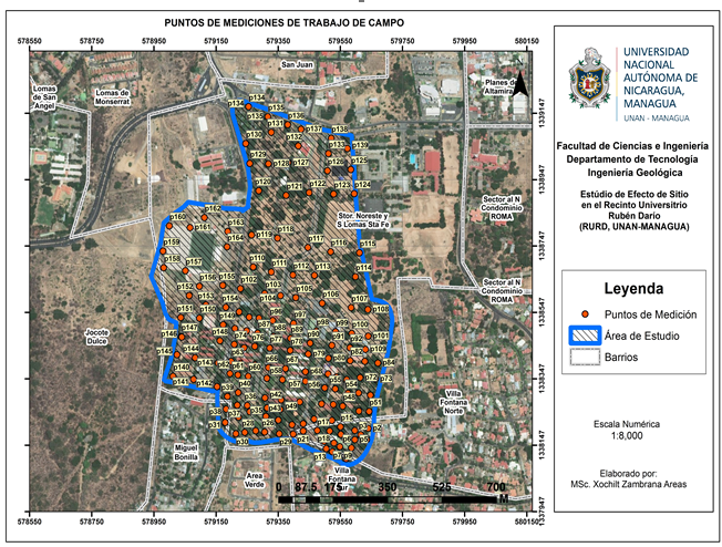 Mapa de localización de mediciones de trabajo de campo en el área universitaria