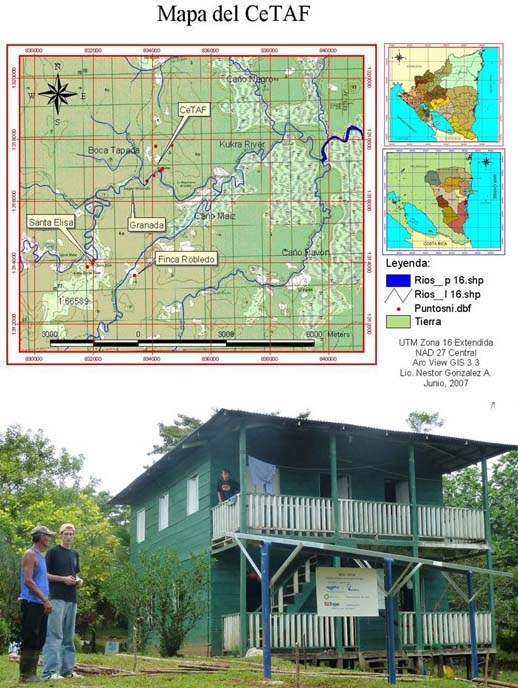 Mapa de la ubicación geográfica de la zona de estudio (izquierda arriba). Casa albergue (izquierda abajo). Levantamiento topográfico del CeTAF (derecha), en él se pueden observar los sistemas establecidos, Plantaciones puras (azul), sistemas agroforestales (amarillo) y enriquecimiento de bosque (verde).
