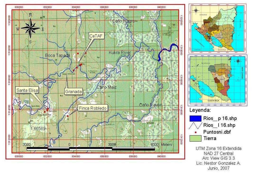 Mapa de la ubicación geográfica de la zona de  estudio y comunidades aledañas al Centro de Transferencia Agroforestal (CeTAF)