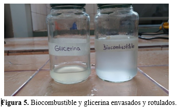 Biocombustible
y glicerina envasados y rotulados.