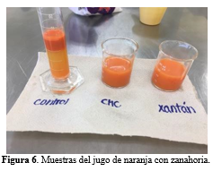 Muestras del jugo de naranja con zanahoria.