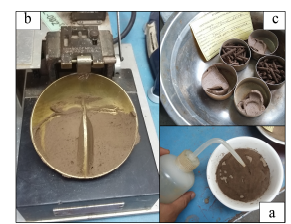 a) Humedecimiento de la muestra de suelo. b) Copa de
Casagrande para determinar límite líquido. c) Muestras de suelo luego de 24 horas al horno. 
