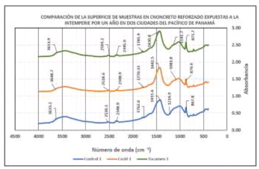 Espectro de la superficie de las muestras de concreto expuestas por un año.