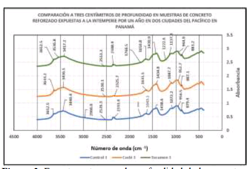 Espectro a tres cm de profundidad de las muestras de concreto expuestas por un año.