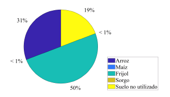 Gráfico
de la distribución óptima del suelo agrícola en el Escenario 2 con ganancia neta por hectárea uniforme e inversión por hectárea dinámica.