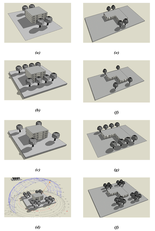 Escenarios de arborización para los edificios:
(a)-Fi1 edificio de apartamento,
(b)- Fi2 edificio de apartamentos, (c)-Fi3 edificio de apartamentos, (d)-Fi4 edificio de apartamentos, (e)-Fi1 edificio
de oficina, (f)-Fi3 edificio de
oficina, (g)-Fi2 edificio de oficina, (h)-Fi4 edificio de oficina. De arriba hacia abajo los Fi son:
Fi1, Fi2, Fi3, Fi4 (11.05, 5.53, 15.64, 3.9).