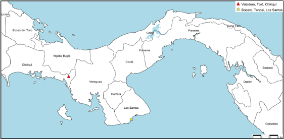 Sitios de colecta en la costa pacífica panameña. Fuente: Shorthouse,
David P. 2010. SimpleMappr