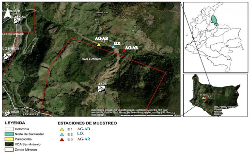 Estaciones de muestreo en la quebrada La Cucalina de la vereda San Antonio en el municipio de Pamplonita del departamento
Norte de Santander, Colombia
