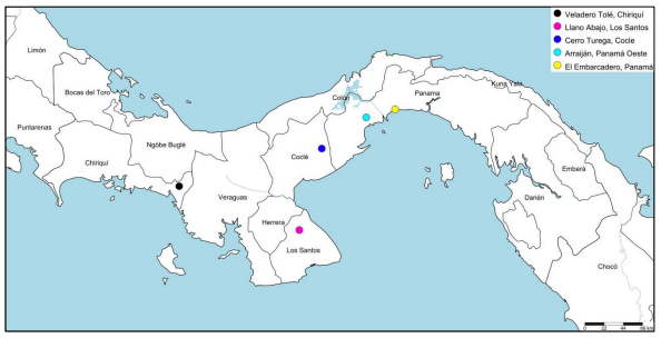 Localidades de estudio con cultivos de guan&aacute;bana. Mapa: Shorthouse (2010)