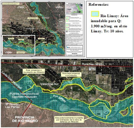 Mapa de inundación por crecidas del
río Limay y Neuquén. Se pueden observar las líneas que establecen zonas de
ribera propensas a inundaciones que comprometería a las construcciones
realizadas por diversos actores y con diferentes fines.