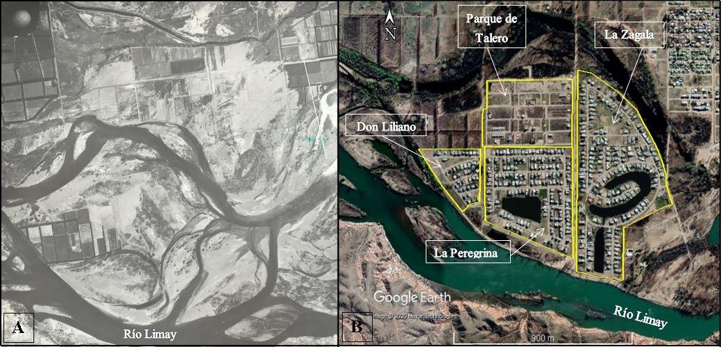 Cambios en los usos de suelo por el avance residencial de alto poder adquisitivoisualiza, por sección A - B. En la sección A (1960) la dinámica natural del río Limay y sección
B (2020) correspondiente al avance urbano de tipo privado sobre la planicie de
inundación del río Limay.
